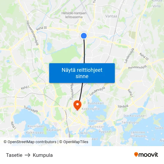 Tasetie to Kumpula map