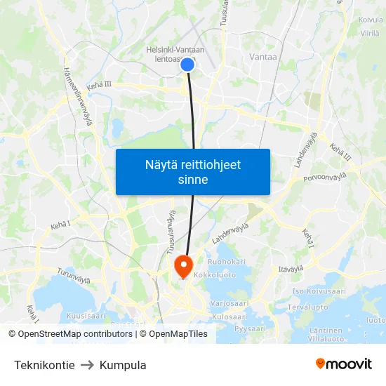 Teknikontie to Kumpula map