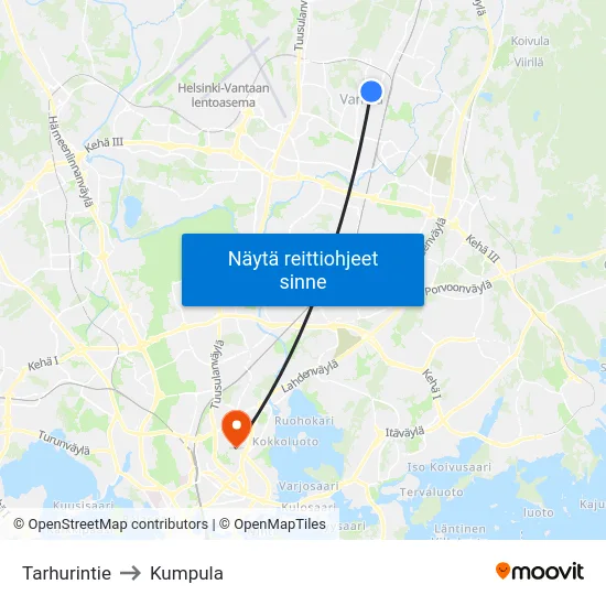 Tarhurintie to Kumpula map