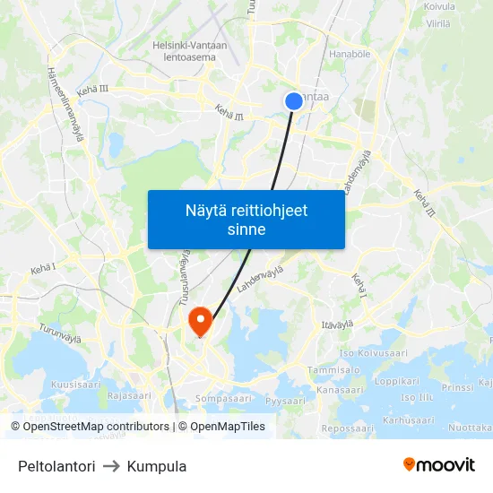 Peltolantori to Kumpula map