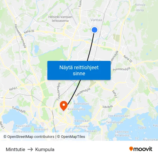 Minttutie to Kumpula map