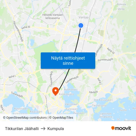 Tikkurilan Jäähalli to Kumpula map