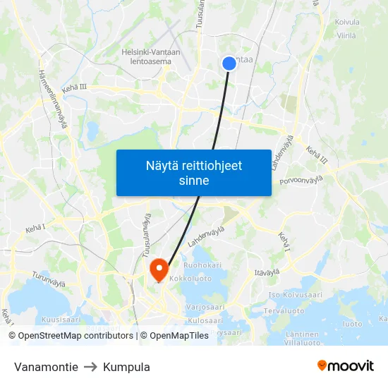 Vanamontie to Kumpula map
