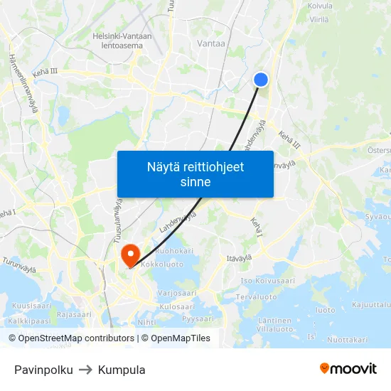 Pavinpolku to Kumpula map