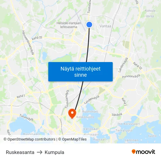 Ruskeasanta to Kumpula map