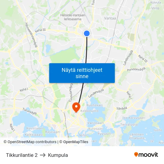 Tikkurilantie 2 to Kumpula map