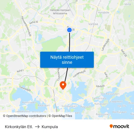 Kirkonkylän Etl. to Kumpula map