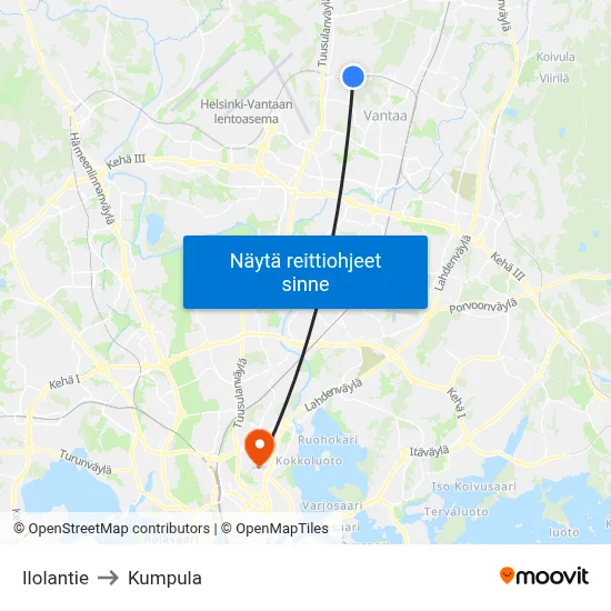 Ilolantie to Kumpula map