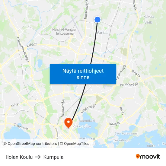 Ilolan Koulu to Kumpula map