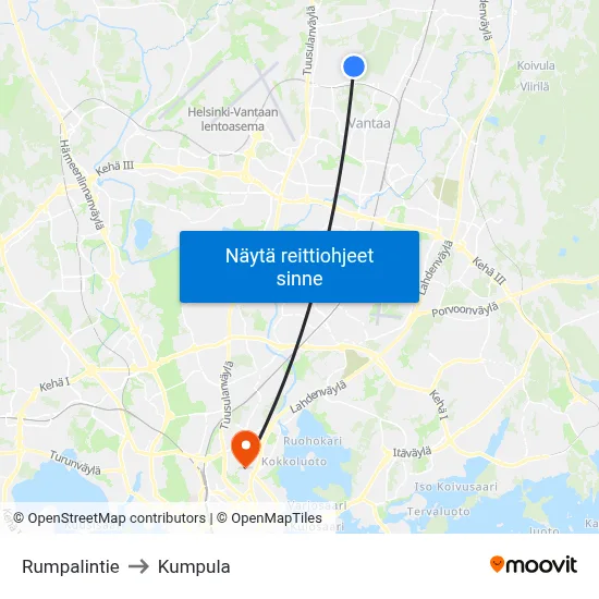 Rumpalintie to Kumpula map