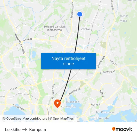 Leikkitie to Kumpula map