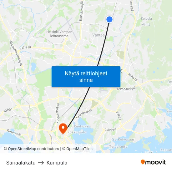 Sairaalakatu to Kumpula map