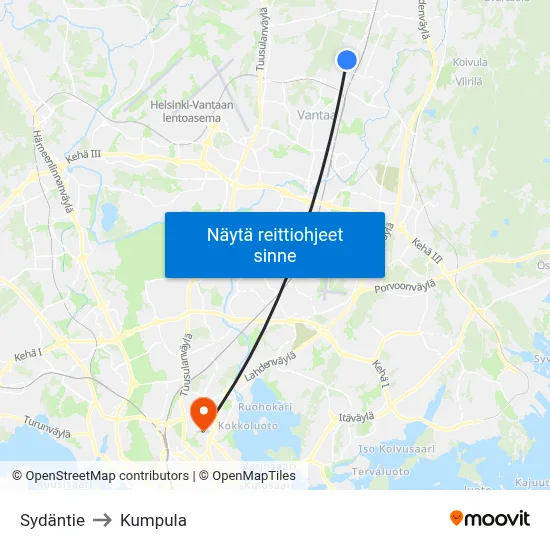 Sydäntie to Kumpula map