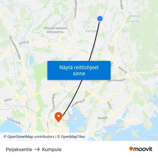 Peijaksentie to Kumpula map