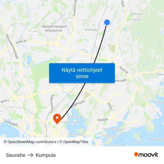 Sauvatie to Kumpula map