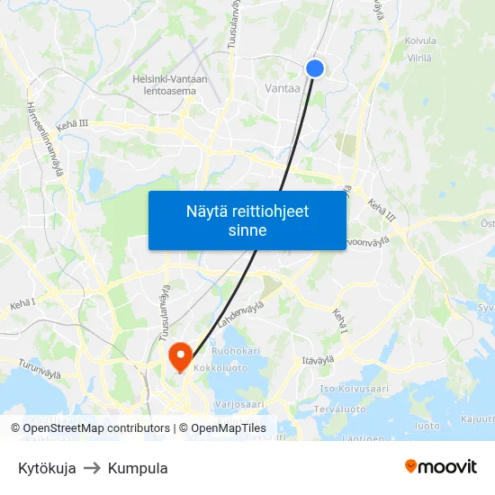 Kytökuja to Kumpula map