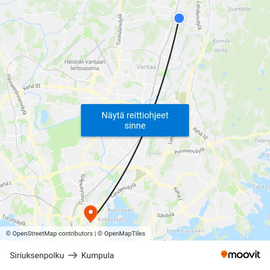 Siriuksenpolku to Kumpula map