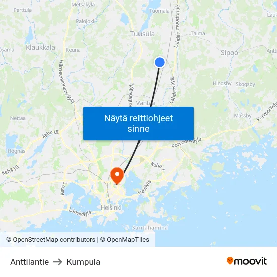Anttilantie to Kumpula map