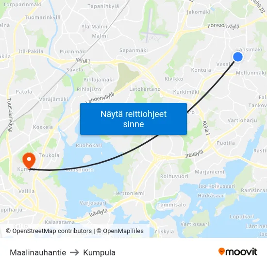 Maalinauhantie to Kumpula map
