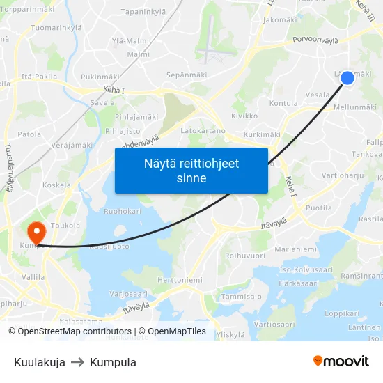 Kuulakuja to Kumpula map