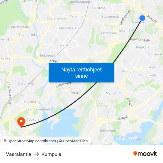 Vaaralantie to Kumpula map