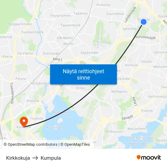 Kirkkokuja to Kumpula map