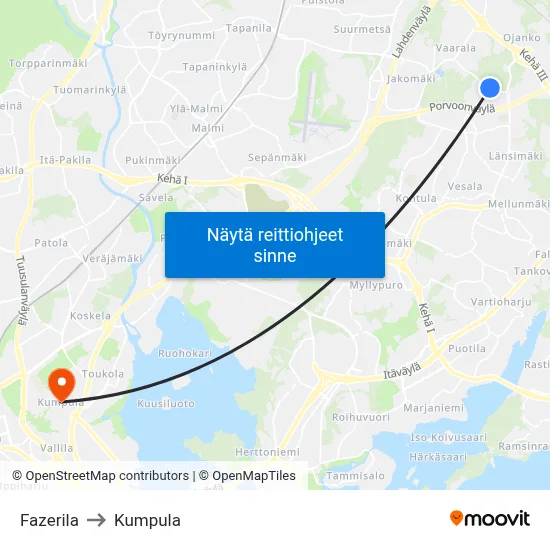 Fazerila to Kumpula map