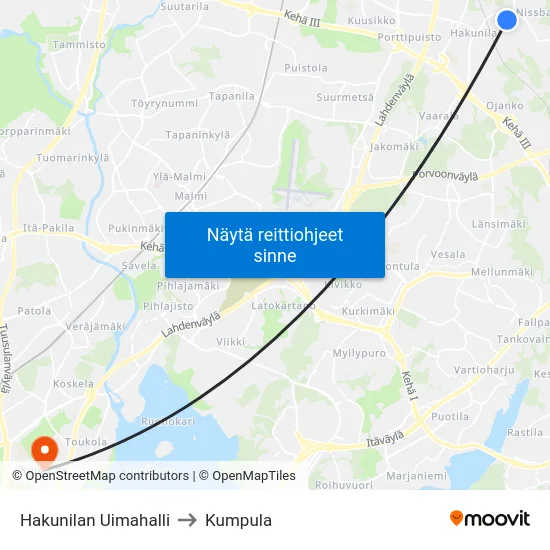 Hakunilan Uimahalli to Kumpula map