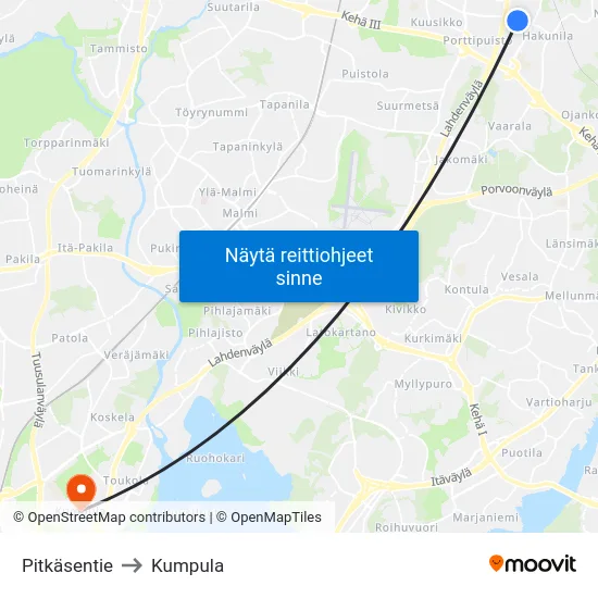 Pitkäsentie to Kumpula map