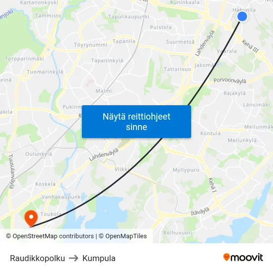 Raudikkopolku to Kumpula map