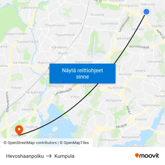 Hevoshaanpolku to Kumpula map