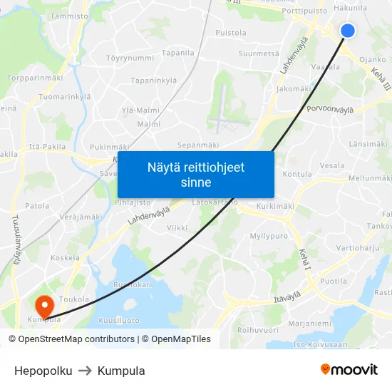 Hepopolku to Kumpula map