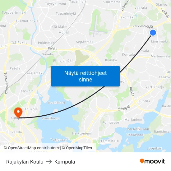 Rajakylän Koulu to Kumpula map