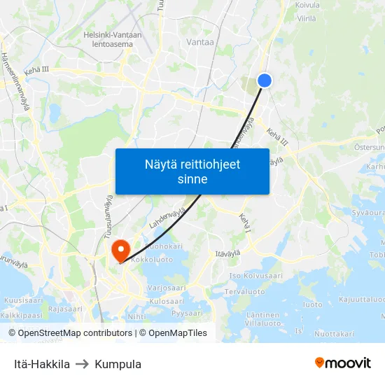 Itä-Hakkila to Kumpula map