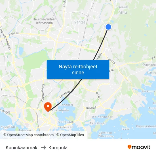 Kuninkaanmäki to Kumpula map