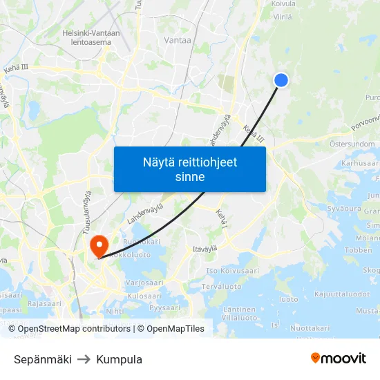 Sepänmäki to Kumpula map