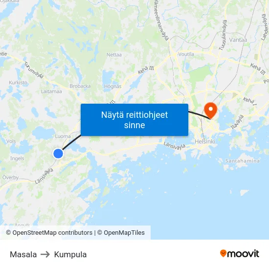 Masala to Kumpula map