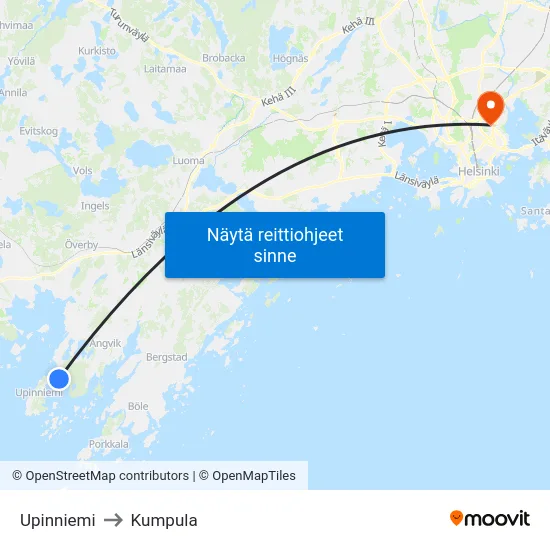Upinniemi to Kumpula map