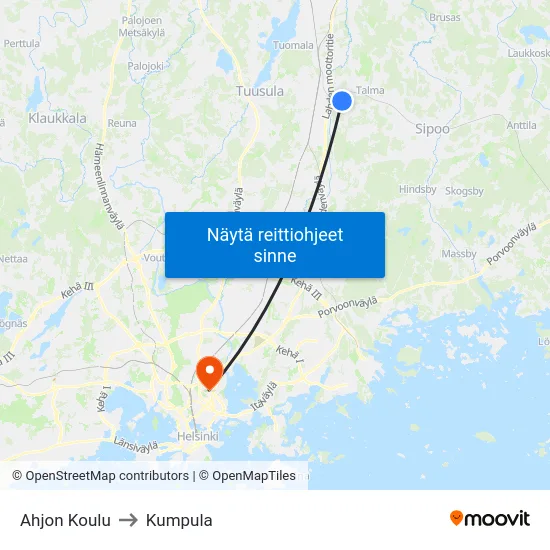 Ahjon Koulu to Kumpula map