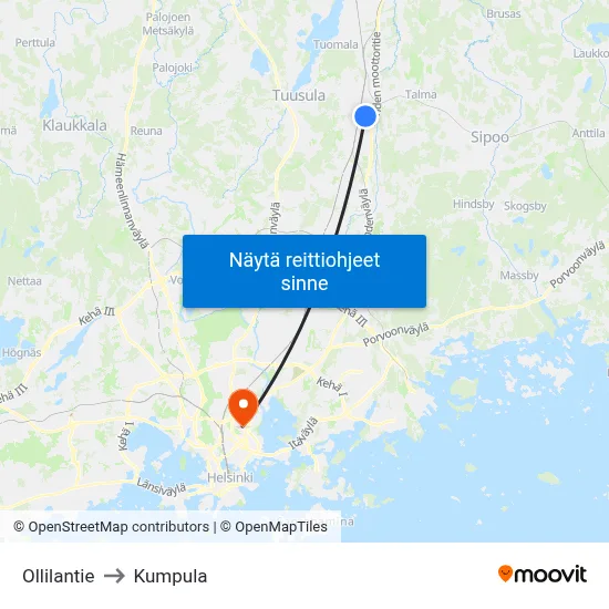 Ollilantie to Kumpula map
