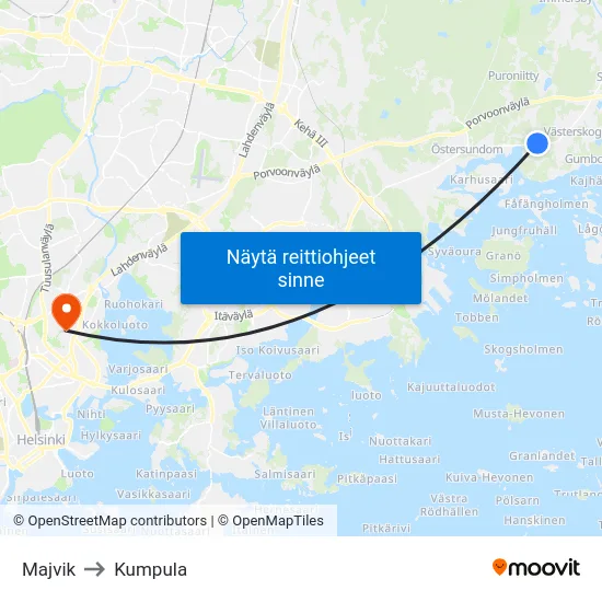 Majvik to Kumpula map
