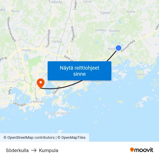 Söderkulla to Kumpula map