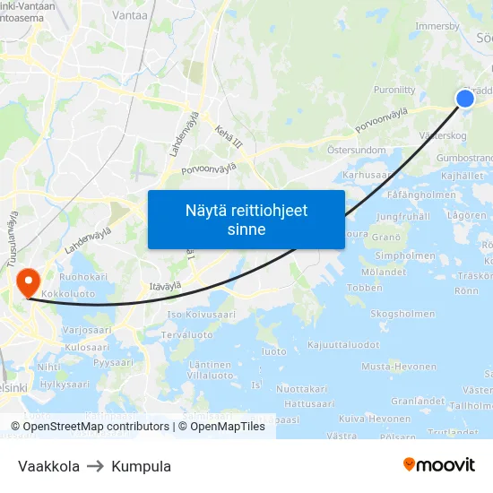 Vaakkola to Kumpula map