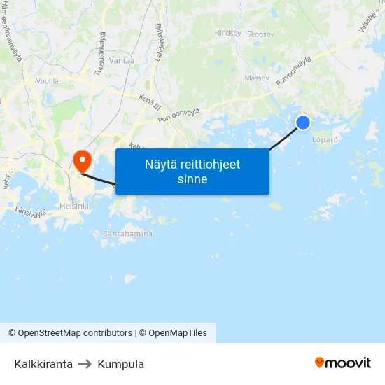 Kalkkiranta to Kumpula map