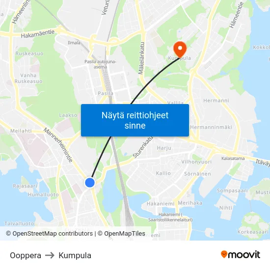 Ooppera to Kumpula map