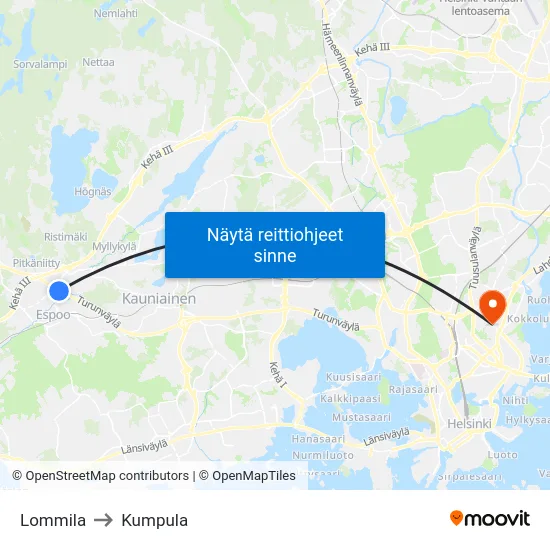 Lommila to Kumpula map