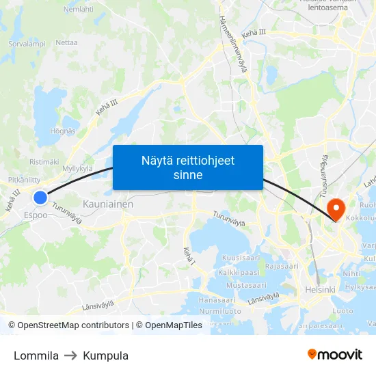 Lommila to Kumpula map