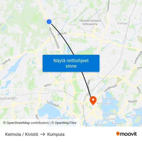 Keimola / Kivistö to Kumpula map