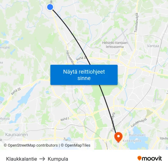 Klaukkalantie to Kumpula map