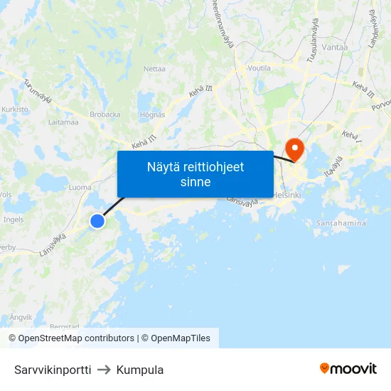 Sarvvikinportti to Kumpula map
